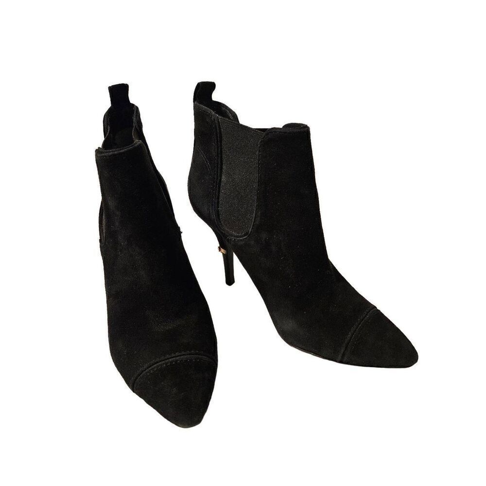 Tory Burch black suede ankle booties with gold emblem on heel. Size 7.